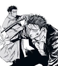  2boys blood blood_on_face closed_mouth coat collared_shirt cowboy_shot fighting_stance greyscale highres higuruma_hiromi holding holding_weapon jacket jozpic jujutsu_kaisen katana kusakabe_atsuya long_sleeves male_focus monochrome multiple_boys pants shirt short_hair simple_background standing sword weapon wet_face 