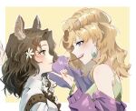  2girls :d animal_ears bare_shoulders blonde_hair blonney blush border bracelet brown_hair deer_ears deer_girl duang_(zhngy64049365) earrings eye_contact face-to-face flower food food_in_mouth green_eyes grey_sports_bra hair_flower hair_ornament hair_over_shoulder hand_on_another&#039;s_chin highres jacket jessica_(reverse:1999) jewelry kabedon long_hair looking_at_another medium_hair multiple_girls off_shoulder outside_border pocky pocky_in_mouth profile purple_jacket reverse:1999 shirt smile sports_bra teeth upper_body violet_eyes white_border white_flower white_shirt yellow_background yuri 