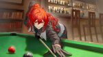 1boy artist_request ball billiard_ball black_gloves black_necktie black_shirt chair commentary_request diluc_(genshin_impact) genshin_impact gloves highres holding_cue_stick male_focus necktie pool_table redhead shirt solo table 