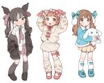  3girls black_eyes black_footwear black_hair black_skirt blue_footwear brown_eyes brown_hair child cinnamoroll closed_mouth collared_shirt highres humanization jacket kneehighs kuromi looking_at_viewer multiple_girls my_melody necktie open_mouth opossumachine orange_eyes orange_hair pink_footwear sanrio shirono_kuromi shirt shoes simple_background skirt smile socks standing white_background white_shirt white_socks yellow_skirt 