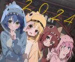  2024 4girls ai-assisted animal_costume b74 blonde_hair blue_eyes blue_hair blurry blurry_background blush bocchi_the_rock! brown_eyes closed_mouth commentary_request english_commentary gotoh_hitori green_eyes grin hair_between_eyes hair_ornament hand_up highres hood hood_up ijichi_nijika jacket kita_ikuyo long_hair long_sleeves looking_at_viewer mixed-language_commentary mole mole_under_eye multiple_girls new_year open_mouth pink_hair pink_jacket redhead short_hair smile unfinished upper_body v yamada_ryo yellow_eyes 