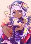  1girl absurdres amaryllis_gumi blonde_hair bow commentary_request dark-skinned_female dark_skin dress fingerless_gloves flower gloves hair_bow hair_intakes hat hat_flower heterochromia highres holding holding_stuffed_toy horizontal_pupils horns knees_up multicolored_hair naname_(7name) sheep_girl sheep_horns single_leg_pantyhose single_sock sitting sleeveless sleeveless_dress smile socks solo sparkle stuffed_toy violet_eyes virtual_youtuber white_hair wings yellow_eyes yotsutsuji_mayoi 