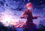  1boy ahoge brooch cang_(iphis233) clouds coat falling_petals jewelry light_rays long_sleeves looking_at_viewer open_hands original outdoors petals red_eyes redhead short_hair sky smile sun sun_glare sunbeam sunlight 