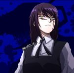  1girl black_hair chainsaw_man cross_scar fourth_east_high_school_uniform frown hatching_(texture) ringed_eyes rinneko_art scar scar_on_cheek scar_on_face scar_on_nose school_uniform serious solo splatter twitter_username upper_body yellow_eyes yoru_(chainsaw_man) 