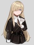  1girl black_jacket blonde_hair blue_eyes braid closed_mouth cropped_torso cz52_(girls&#039;_frontline) french_braid girls_frontline gloves grey_background hair_over_eyes highres holding holding_paper jacket long_hair long_sleeves monocle one_eye_covered paper rampart1028 sleeve_cuffs smile solo white_gloves 