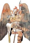  1boy ancient_greek_clothes asymmetrical_hair batterietyp215 black_wings dark-skinned_male dark_skin facial_hair facial_tattoo greco-roman_clothes highres holding king_(one_piece) long_hair looking_at_viewer male_focus one_piece solo tattoo weapon white_hair wings 