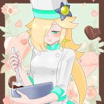  1girl akira_(cute_camellia) blonde_hair blue_eyes bowl candy chef_hat chocolate chocolate_making closed_mouth earrings flower food hair_over_one_eye hat heart heart-shaped_chocolate holding holding_bowl jewelry long_bangs long_hair looking_down mario_kart mario_kart_tour mixing_bowl official_alternate_costume purple_nails rosalina rosalina_(chef) sleeves_past_elbows solo star_(symbol) star_earrings super_mario_bros. upper_body white_headwear 