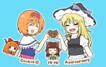  4girls :d alice_margatroid anniversary black_headwear black_vest blonde_hair blue_background blue_dress blush bow braid brown_hair brown_horns bseibutsu candy capelet chocolate closed_eyes commentary_request cookie_(touhou) cup dress food frilled_hair_tubes frilled_hairband frills hair_bow hair_tubes hairband hakurei_reimu hat heart heart-shaped_chocolate hinase_(cookie) holding holding_cup horns ibuki_suika kirisame_marisa long_hair medium_bangs multiple_girls open_mouth orange_hair pink_sash puffy_short_sleeves puffy_sleeves red_bow red_hairband reu_(cookie) sash shirt short_sleeves simple_background single_braid smile solid_oval_eyes touhou turtleneck upper_body uzuki_(cookie) vest white_capelet white_shirt witch_hat yamin_(cookie) yunomi 