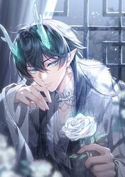  1boy aqua_horns black_hair blue_eyes closed_mouth dan_heng_(honkai:_star_rail) dan_heng_(imbibitor_lunae)_(honkai:_star_rail) dragon_boy eyeliner flower hair_between_eyes highres holding holding_flower honkai:_star_rail honkai_(series) horns kangetsu_(fhalei) long_hair long_sleeves looking_at_viewer makeup male_focus pointy_ears rose white_flower white_rose 