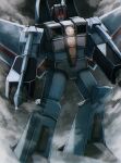  absurdres arm_cannon clenched_hands clouds decepticon flying glint glowing glowing_eyes highres looking_down mecha nakai111 no_humans red_eyes robot thundercracker transformers transformers:_generation_1 weapon 