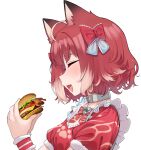  1girl ahoge akami_karubi animal_ears burger cat_ears cat_girl closed_eyes commentary dress fang food holding holding_food indie_virtual_youtuber light_blush medium_hair nago_purin open_mouth red_dress redhead short_sleeves skin_fang smile solo transparent_background upper_body virtual_youtuber 