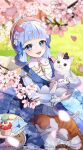  animal blue_dress blue_eyes blue_hair braid cat cherry_blossoms cupcake dress food genshin_impact grass hair_rings highres holding holding_animal holding_cat kamisato_ayaka kamisato_ayaka_(springbloom_missive) looking_at_viewer orange_cat q-chiang sidelocks sitting smile white_cat 