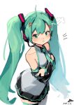  1girl ahoge anger_vein aqua_eyes aqua_hair aqua_necktie black_sleeves crossed_arms dated detached_sleeves hatsune_miku headphones headset highres lanter_qwq long_hair looking_at_viewer necktie pout signature sketch skirt solo thigh-highs twintails very_long_hair vocaloid white_background 