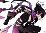  1boy black_bodysuit black_hair blue_eyes bodysuit commentary_request facial_mark folded_ponytail holding holding_sword holding_weapon katana male_focus ninja one-punch_man onsoku_no_sonic ponytail purple_scarf scarf sheath sheathed signature smile solo sword tsuki_usagi weapon 