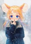  +_+ 1girl absurdres animal_ears blue_eyes blunt_bangs blush breath coat earrings high_collar highres hoop_earrings indie_virtual_youtuber jewelry long_hair long_sleeves looking_at_viewer mouse_ears mouse_girl naname_(7name) open_mouth orange_hair original outdoors snowing solo thick_eyebrows virtual_youtuber 