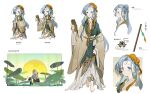  1girl 37_(reverse:1999) bamboo_scroll barefoot blue_eyes blue_hair bokyo brown_hanfu brown_robe bull bun_cover chibi chibi_inset chinese_clothes flute hand_up hanfu holding holding_scroll instrument long_hair long_sleeves lotus_leaf multiple_views reverse:1999 riding robe scroll smile very_long_hair white_background wide_sleeves 