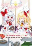  2girls :t ahoge angry aorin_oekaki apron ascot bat_wings blonde_hair blush bow candy ceiling_light center_frills chef_hat chocolate chocolate_making closed_eyes commentary_request crystal drill_hair drill_ponytail fang flandre_scarlet food food_on_face frilled_apron frilled_shirt_collar frills gloves hair_bow hair_intakes happy_valentine hat heart heart-shaped_chocolate heart_ahoge highres long_hair medium_hair multiple_girls pink_shirt pointy_ears puffy_short_sleeves puffy_sleeves red_ascot red_brooch red_eyes red_ribbon remilia_scarlet ribbon shirt short_sleeves siblings side_ponytail sisters sugar_(food) sweat touhou v-shaped_eyebrows valentine white_apron white_gloves white_hair white_headwear wings yellow_ascot 