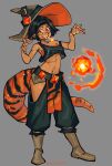  1girl absurdres artist_name bad_link belt black_hair boots breasts bumblesteak fire fireball full_body grey_background hat highres lizard_tail looking_at_viewer nose open_hand orange_eyes original solo standing tail witch_hat 