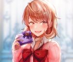  1girl blurry blurry_background blush bow bowtie box box_of_chocolates brown_eyes brown_hair cardigan choker collared_shirt commentary earrings gift gift_box hand_up heart heart_choker holding holding_box jewelry long_sleeves looking_at_viewer open_mouth pate_(tbit) pearl_earrings persona persona_3 pink_cardigan red_bow red_bowtie shirt short_hair smile solo swept_bangs takeba_yukari valentine white_choker white_shirt 