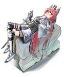  1girl arknights armored_boots black_gloves black_socks boots breasts flametail_(arknights) full_body gloves grey_shirt grey_shorts hair_between_eyes hand_up highres long_hair lying medium_breasts on_back red_eyes redhead shadow shirt shorts simple_background socks solo spam_(spamham4506) sword very_long_hair weapon white_background 