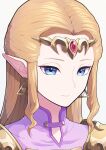  1girl blonde_hair blue_eyes circlet commentary dress earrings elbow_gloves flower gem gloves jewelry long_hair masoogenki pink_dress pointy_ears princess_zelda shoulder_plates solo symbol-only_commentary the_legend_of_zelda the_legend_of_zelda:_ocarina_of_time triforce_earrings upper_body white_background 