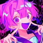  1boy album_cover blunt_bangs blunt_ends carl_(guchiry) cover hair_between_eyes himanemuitoma index_finger_raised looking_at_viewer open_mouth pink_hair pointing pointing_at_self purple_sailor_collar sailor_collar schadenfreude_(vocaloid) simple_background smile solo violet_eyes vocaloid 