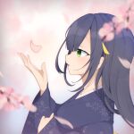  1girl black_hair blush cherry_blossoms commentary_request green_eyes hair_ornament hand_up highres japanese_clothes kimono long_hair long_sleeves open_mouth original petals profile rageno0000 smile solo wide_sleeves 