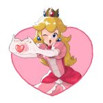  1girl blonde_hair crown dress earrings heart highres jewelry jors lipstick looking_at_viewer makeup one_eye_closed open_mouth outstretched_arms pink_dress pink_lips princess_peach solo sphere_earrings super_mario_bros. 