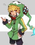  1boy black_shorts blonde_hair bow bowtie child demon_boy disgaea emizel_(disgaea) fingernails fire green_hoodie hair_between_eyes hand_on_own_hip high_collar highres himawari_(kawaisounaedesu) hood hoodie long_sleeves makai_senki_disgaea_4 male_focus open_mouth pointy_ears red_bow red_bowtie red_eyes shorts solo 