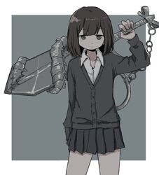  1girl arm_at_side black_cardigan black_eyes black_hair black_skirt border cardigan closed_mouth collared_shirt dress_shirt expressionless feet_out_of_frame grey_background hand_up holding holding_sword holding_weapon jitome keychain long_sleeves looking_at_viewer medium_hair no_sclera original outside_border oversized_object pleated_skirt popped_collar school_uniform shirt simple_background skirt solo standing sword umi_ha_kirai weapon weapon_behind_back white_border white_shirt 