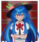  1girl absurdres black_headwear blue_hair bow bowtie center_frills commentary english_commentary english_text frills highres hinanawi_tenshi holding_own_arm just_hatto leaf_hat_ornament long_hair looking_at_viewer open_mouth peach_hat_ornament red_background red_bow red_bowtie red_eyes short_sleeves sidelocks solo touhou upper_body valentine 