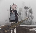  1girl absurdres ahoge american_flag arm_at_side backpack bag black_gloves black_jacket black_skirt bolt_action brown_eyes brown_hair cheytac_m200 closed_mouth day dirt_road expressionless feet_out_of_frame fence fog from_behind girls_frontline gloves gun hand_up highres holding holding_gun holding_weapon hood hood_down hooded_jacket jacket long_legs long_sleeves lovell_(v311) low_ponytail m200_(girls&#039;_frontline) miniskirt outdoors patch photo_background profile radio_tower rifle road shoulder_patch signature skirt sniper_rifle snow snowing solo standing unworn_headphones weapon 