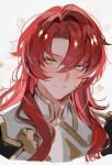  1boy argenti_(honkai:_star_rail) armor closed_mouth green_eyes hair_between_eyes highres honkai:_star_rail honkai_(series) long_hair looking_at_viewer male_focus pkokonatu portrait redhead simple_background solo white_background 