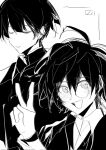  2boys ahoge azusa_nagi blunt_bangs blush closed_eyes collared_shirt gakuran glasses highres japanese_clothes koshotengai_no_hashihime minakami_(koshotengai_no_hashihime) monochrome multiple_boys open_mouth round_eyewear school_uniform selfie shirt short_hair smile tamamori_(koshotengai_no_hashihime) v white_background 