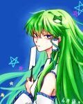  1girl absurdres blue_background blue_eyes blue_trim chinese_commentary closed_mouth commentary_request dated frog_hair_ornament gohei green_hair hair_ornament hair_tubes heng_(heng798616) highres holding holding_gohei kochiya_sanae long_hair shirt sleeveless sleeveless_shirt solo star_(symbol) touhou white_shirt white_sleeves 