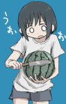1girl biting black_hair blue_background commentary_request cowboy_shot creature grey_shorts holding holding_knife holding_watermelon kitchen_knife knife looking_at_food looking_down no_sclera open_mouth original shirt short_hair short_shorts short_sleeves shorts simple_background solo standing surprised t-shirt umi_ha_kirai v-shaped_eyebrows white_eyes white_shirt white_t-shirt wide-eyed