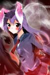 1girl animal_ears black_thighhighs blazer blue_jacket blush collared_shirt commentary_request expressionless eye_trail floating_hair floppy_ears hair_between_eyes hakobako jacket light_trail long_hair looking_at_viewer moon necktie night night_sky purple_hair rabbit_ears red_eyes red_necktie reisen_udongein_inaba shirt skirt sky solo star_(sky) thigh-highs touhou upper_body very_long_hair white_shirt 