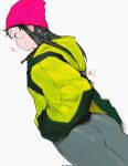  1girl andrewcockroach ass back beanie black_hair black_hoodie blue_eyes corrupted_twitter_file green_hoodie hands_in_pockets hat highres hood hood_down hoodie leggings long_hair long_sleeves looking_to_the_side original pink_beanie smile solo two-tone_hoodie white_background 