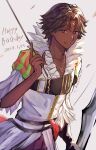  arrow_(projectile) dark-skinned_male dark_skin dated desupisaro_122 feather_collar feather_trim fire_emblem fire_emblem_engage fogado_(fire_emblem) gold_headband happy_birthday highres holding holding_arrow prince star-shaped_pupils star_(symbol) symbol-shaped_pupils 