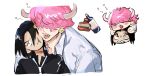 2boys alcohol beer_mug black_hair cup drunk earrings hair_over_eyes highres horns jewelry long_hair looking_at_viewer male_focus mug multiple_boys one_piece pink_hair rob_lucci simple_background smile suit teeth toteka_yes white_background who&#039;s_who_(one_piece)