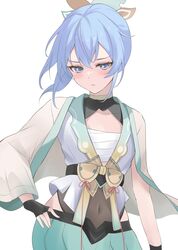  1girl absurdres black_gloves blue_eyes blue_hair chest_sarashi fawny frown gloves hair_ornament hand_on_own_hip haori highres hololive hoshimachi_suisei japanese_clothes kazama_iroha kazama_iroha_(1st_costume) leaf_hair_ornament looking_at_viewer navel partially_fingerless_gloves sarashi simple_background star_(symbol) star_in_eye stomach symbol_in_eye virtual_youtuber white_background 