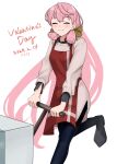  1girl 2024 akashi_(kancolle) apron black_pants cart closed_eyes dated feet_out_of_frame hair_ribbon hamukiyo highres kantai_collection kappougi long_hair pants pink_hair red_apron ribbon simple_background smile solo valentine white_background 