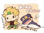  2boys :3 blanket blonde_hair blue_coat blush border chibi chibi_only closed_eyes coat dio_brando earrings full_body green_headband headband heart holding holding_blanket jewelry jojo_no_kimyou_na_bouken kotorai kujo_jotaro male_focus multiple_boys no_nose pulling sideburns signature sleeping solid_oval_eyes waving white_border 