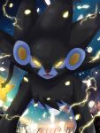  clouds colored_sclera commentary_request electricity fangs glowing glowing_eyes highres looking_at_viewer luxray no_humans open_mouth orange_sclera outdoors pokemon pokemon_(creature) seiya_(snxmari) sky solo standing yellow_eyes yellow_pupils 