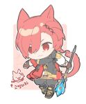  1boy animal_ears black_footwear black_pants black_scarf boots border brown_gloves cat_boy cat_ears cat_tail chibi chibi_only facial_mark final_fantasy final_fantasy_xiv fingerless_gloves flat_color from_side full_body g&#039;raha_tia gloves hair_between_eyes hair_ornament holding holding_staff jacket jewelry knee_boots low_ponytail male_focus marimo_jh miqo&#039;te no_nose outside_border pants pendant pink_background red_eyes red_jacket redhead rounded_corners scarf shirt short_ponytail simple_background smile solo staff standing swept_bangs tail white_border white_shirt x_hair_ornament 