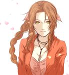 1girl aerith_gainsborough bow braid braided_ponytail breasts brown_hair cheb_0w0 falling_petals final_fantasy final_fantasy_vii hair_bow hair_intakes highres jacket jewelry long_hair medium_breasts necklace parted_bangs petals pink_bow pink_shirt red_jacket shirt side_braids sidelocks simple_background solo white_background yellow_eyes 