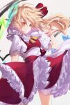  1girl absurdres ascot blonde_hair calpis118 cowboy_shot crystal_wings dress flandre_scarlet frills hair_flowing_over hair_ribbon highres medium_hair puffy_short_sleeves puffy_sleeves red_eyes red_ribbon ribbon short_sleeves side_ponytail simple_background smile solo touhou white_background yellow_ascot 