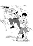  2boys aiming cargo_shorts closed_mouth commentary_request dress_pants dress_shirt dress_shoes eduroku expressionless firing floating_hair full_body greyscale highres holding holding_water_gun jitome jumping kageyama_shigeo male_focus mob_psycho_100 monochrome motion_lines multiple_boys necktie playing print_shirt puddle reigen_arataka ribbed_socks serious shirt shoes short_hair shorts simple_background sleeves_rolled_up sneakers t-shirt ufo_print v-shaped_eyebrows watch watch water_gun wet wet_face wet_hair 