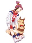 1boy black_hair blush furret gloves highres jacket kieran_(pokemon) knees long_sleeves male_focus mochi_(mocchi_p_2m) multicolored_hair open_mouth poke_ball poke_ball_(basic) pokemon pokemon_(creature) pokemon_sv purple_hair red_gloves red_shirt shirt shoes shorts simple_background single_glove sleeveless sleeveless_shirt socks tank_top teeth two-tone_hair upper_teeth_only white_background white_footwear white_jacket white_shorts yellow_eyes 