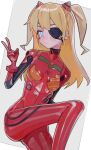  1girl absurdres blonde_hair blue_eyes bodysuit cowboy_shot eyepatch gloves highres latex latex_bodysuit latex_gloves long_hair neon_genesis_evangelion plugsuit red_gloves saaal653 simple_background solo souryuu_asuka_langley twintails v white_background 